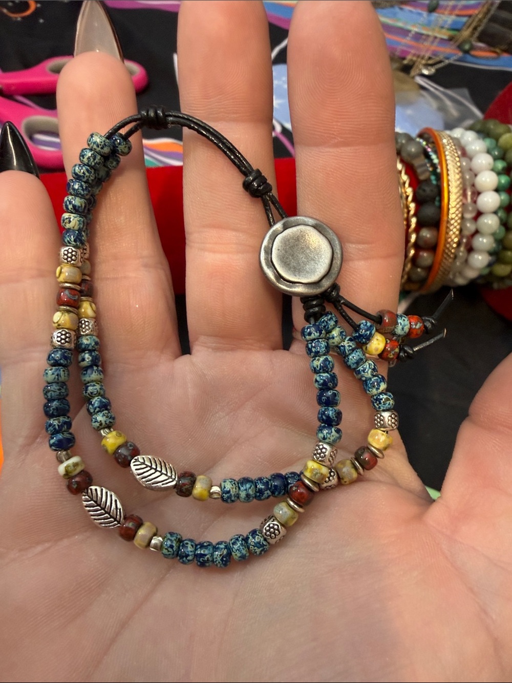 Boho Blue Beaded Double-Strand Bracelet with Leaf Charms
